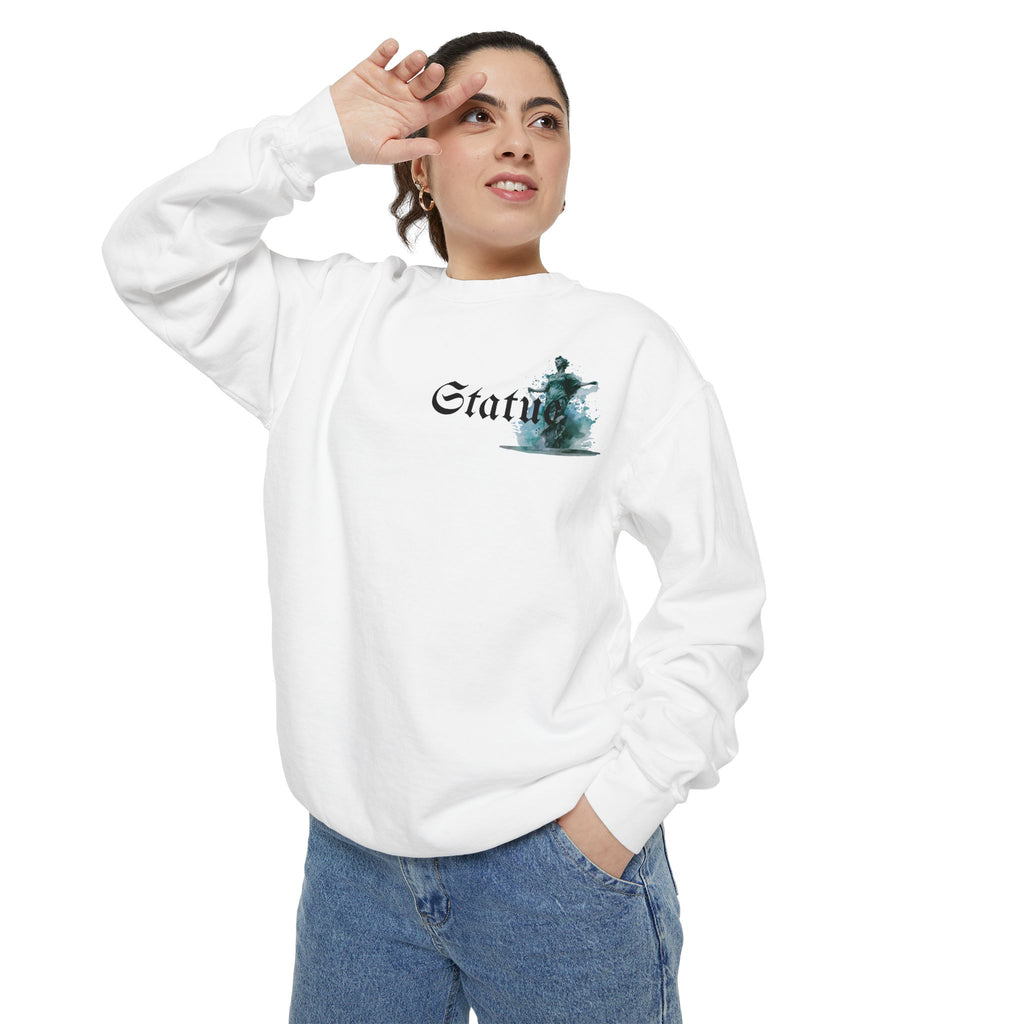 Statue Design Unisex Garment-Dyed Sweatshirt, Cozy Streetwear.