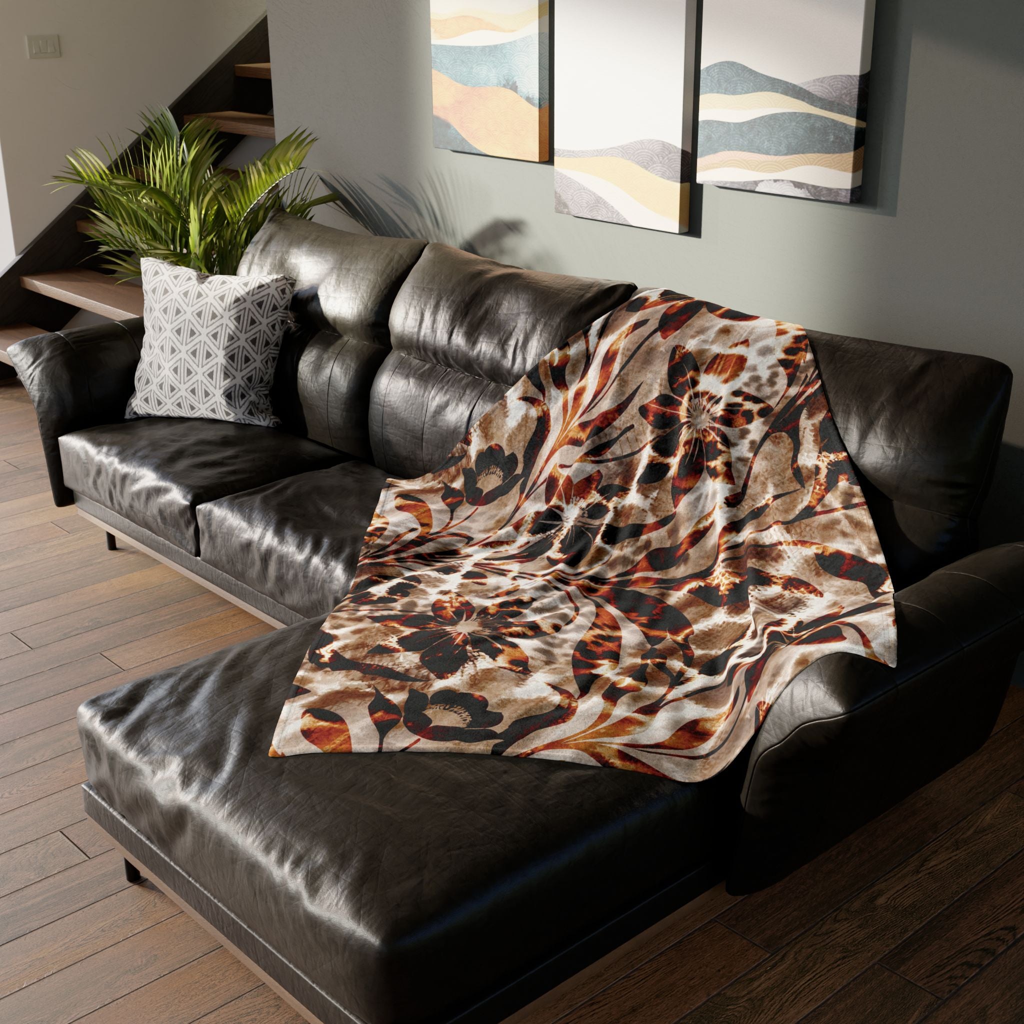 Leopard Floral Plush Blanket – Brown Animal Print Throw for Cozy Home