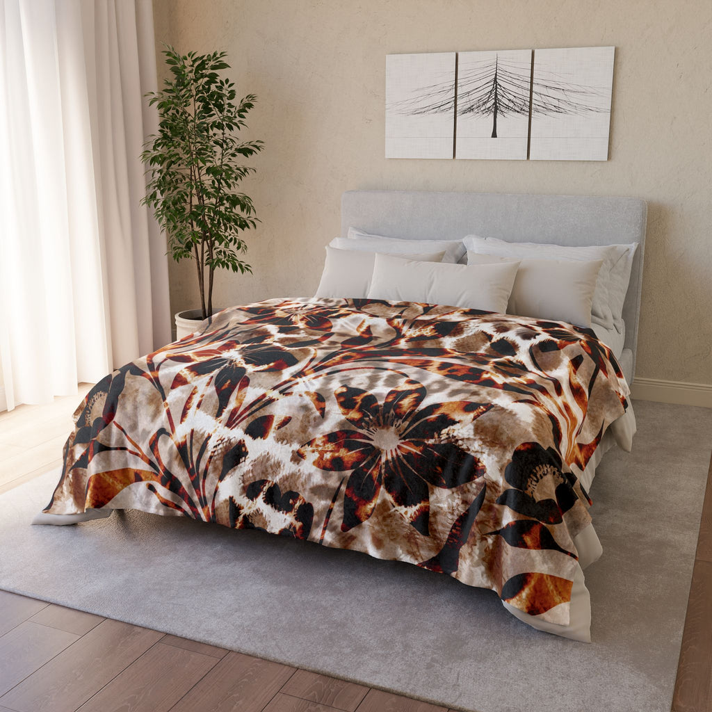 Leopard Floral Plush Blanket – Brown Animal Print Throw for Cozy Home