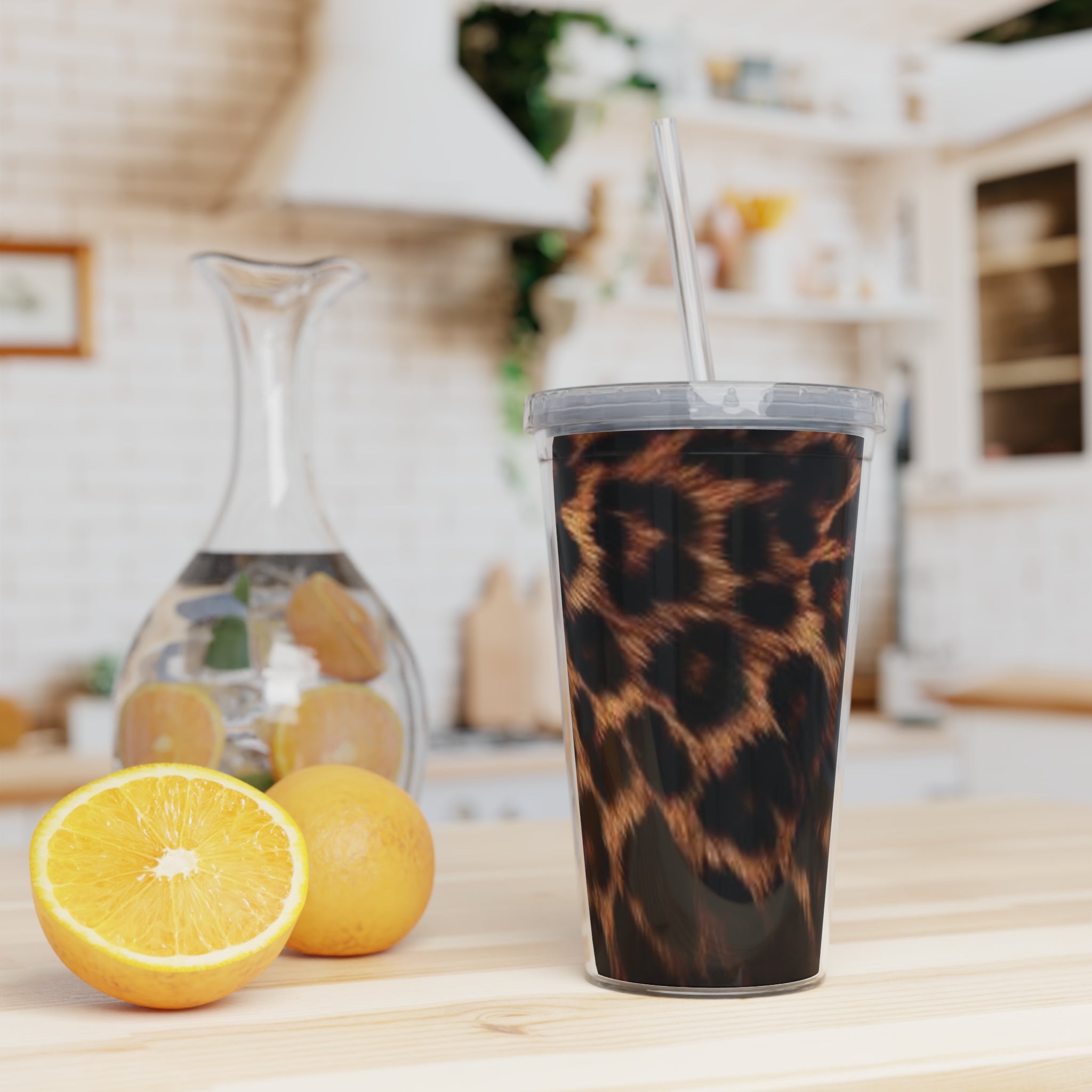Leopard Print Plastic Tumbler with Straw — Reusable Travel Cup