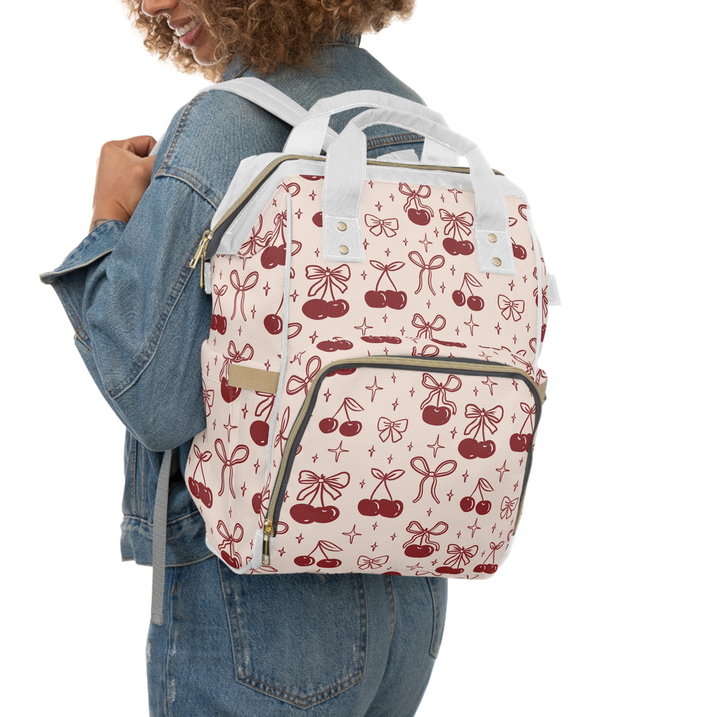 Charming Cherry Pattern Diaper Backpack, Stylish Baby Bag,